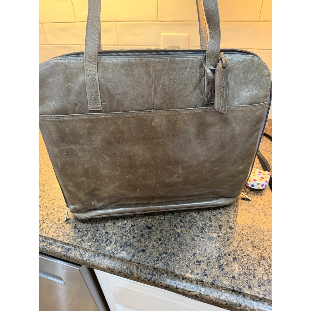 P Sherrod Leather‎ Tote Bag Gray Pebbled Top Zip Work Laptop Office